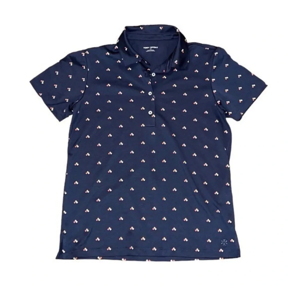 Tory Burch Sport Retro-Print Navy Blue Tech Pique Polo Golf‎ Shirt Size Small